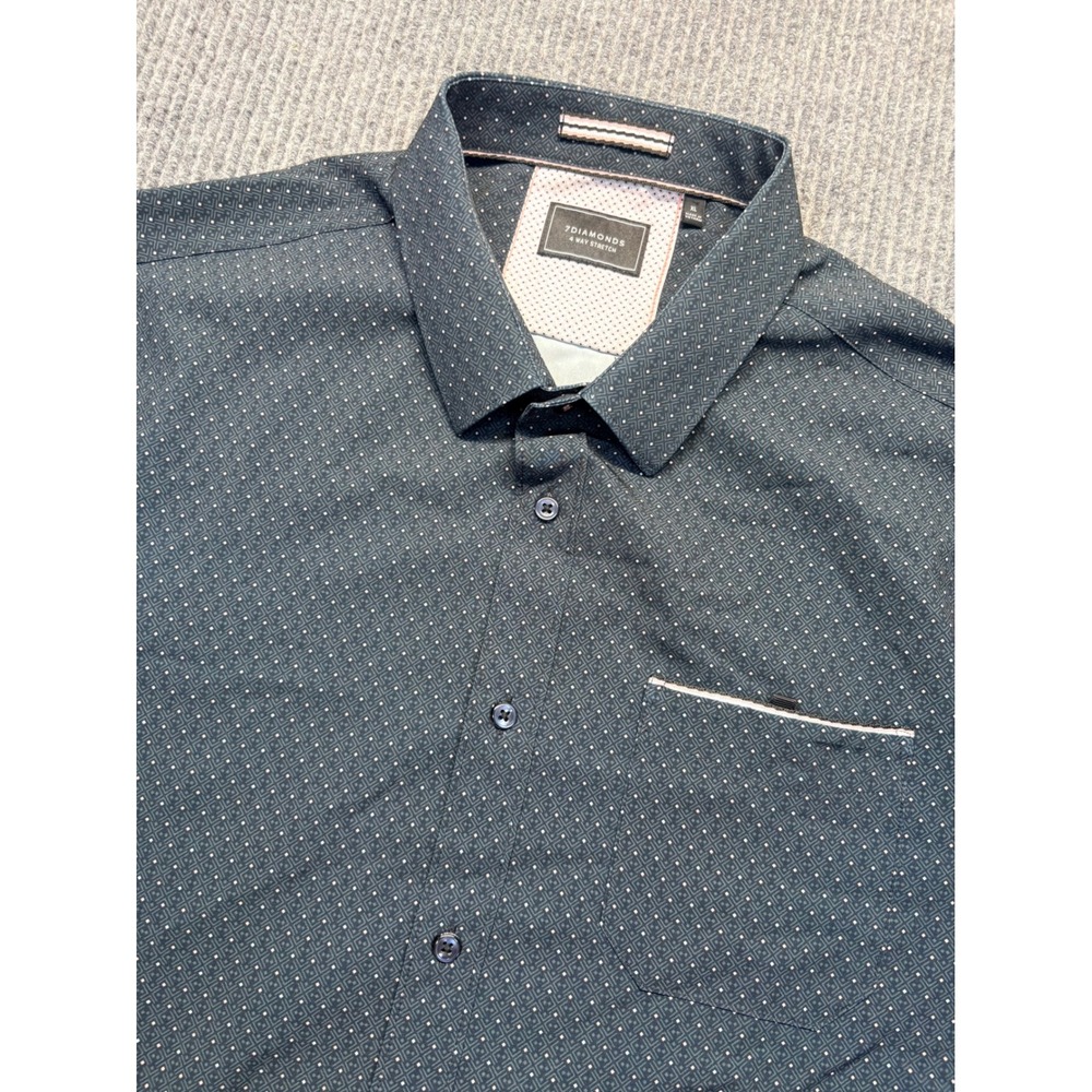 7Diamonds Digital Dash Short Sleeve Button Down Shirt Blue Geometric Mens XL